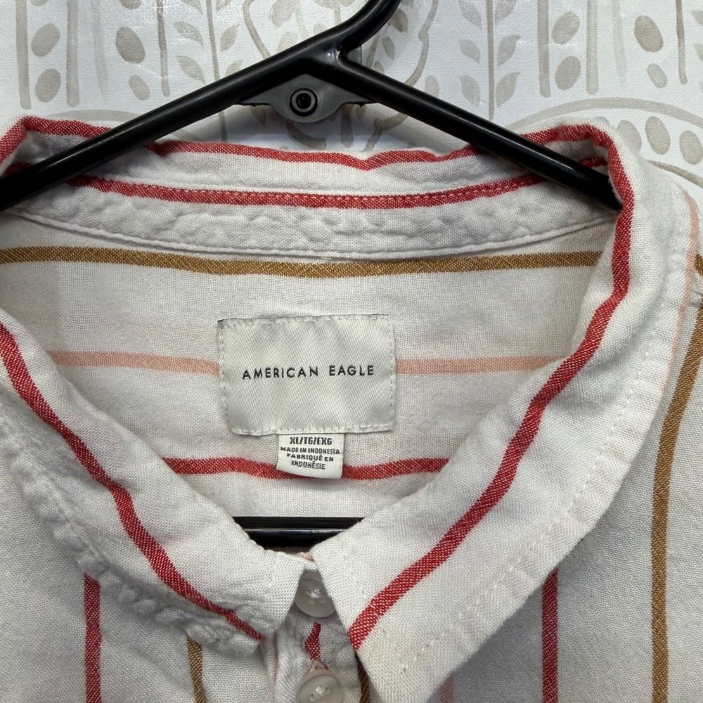American Eagle Women's XL Striped Short Sleeve Button Down Linen Blend Shirt - Picture 3 of 8